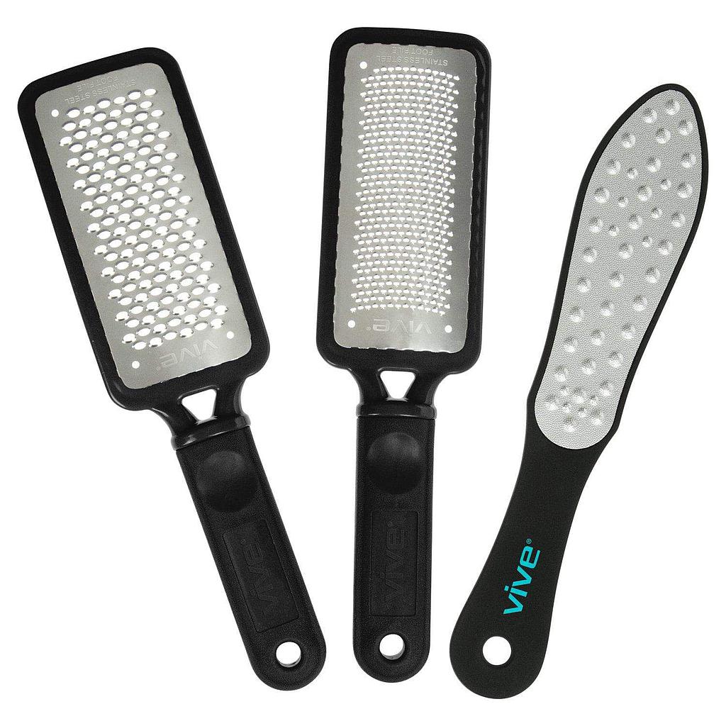 Three Vive foot care tools with textured surfaces on a white background