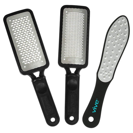Three Vive foot care tools with textured surfaces on a white background