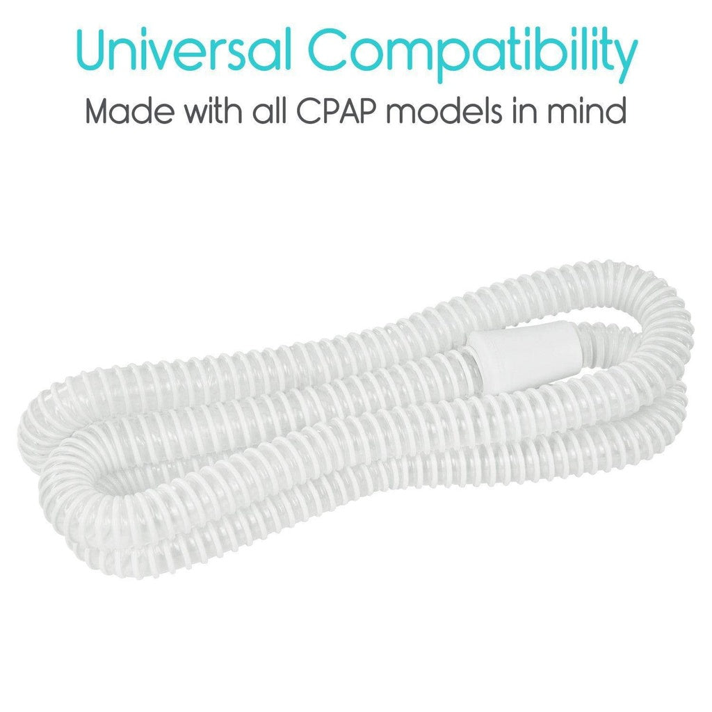 White CPAP hose with text 'Universal Compatibility Made with all CPAP models in mind' on a white background