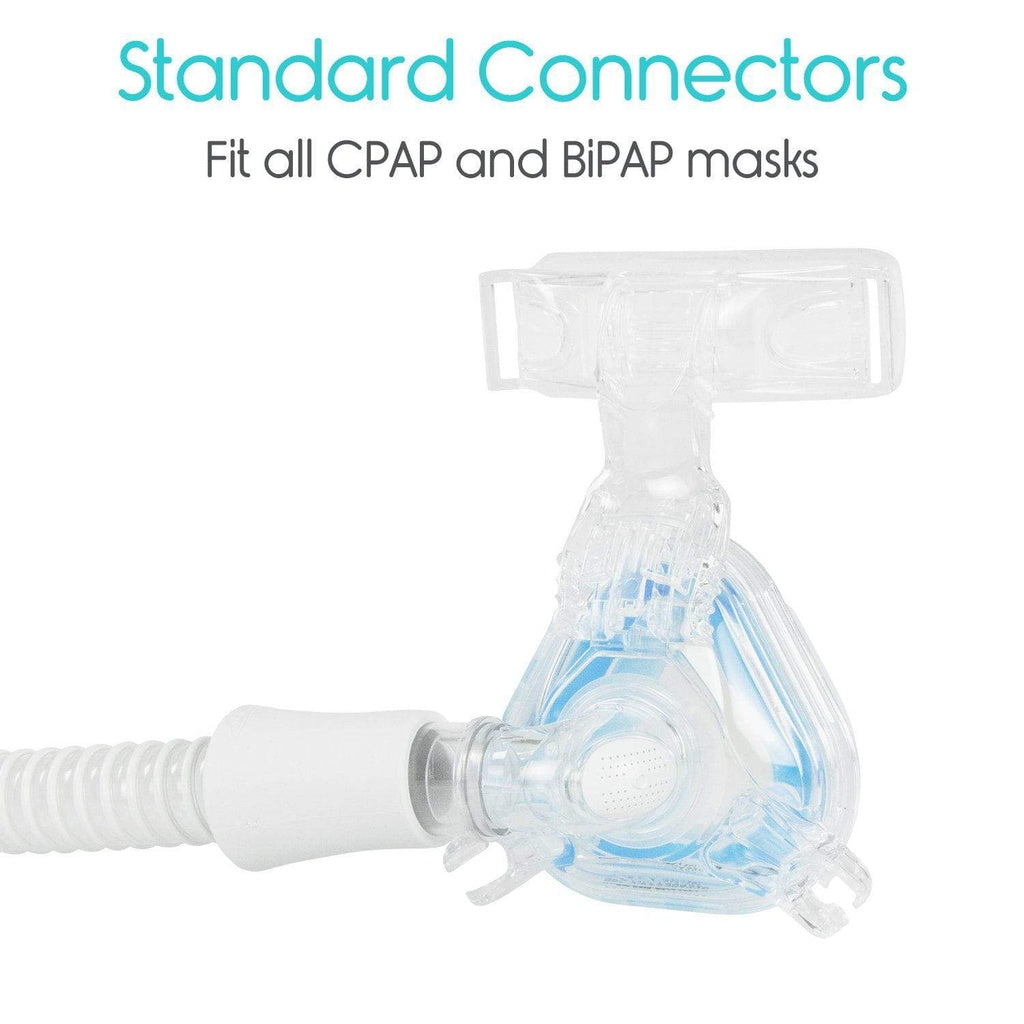 CPAP or BiPAP mask connector on a white background with text about standard connectors.