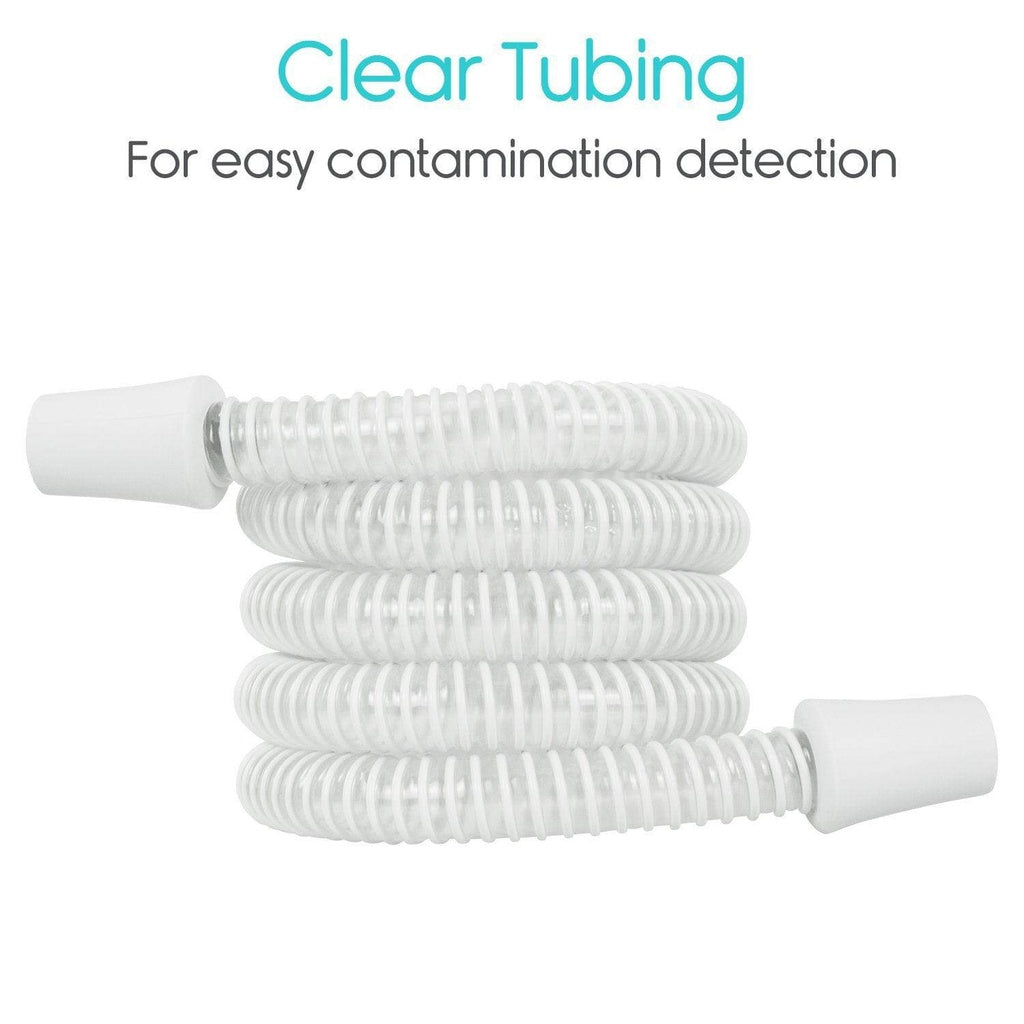 Clear tubing with white connectors on a white background, labeled for easy contamination detection.