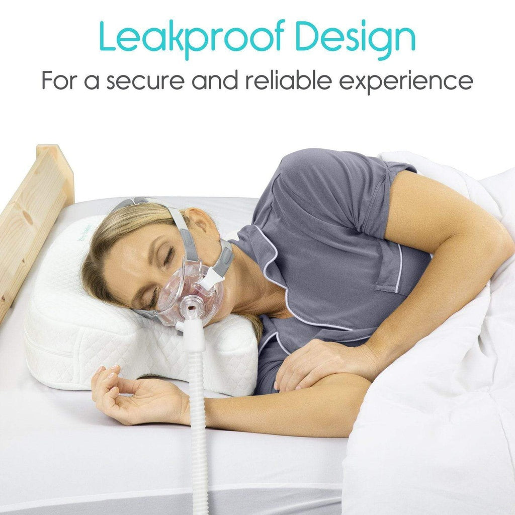 Woman using a CPAP machine with a leakproof design label on a white background