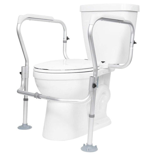 White toilet with a metal safety frame on a white background