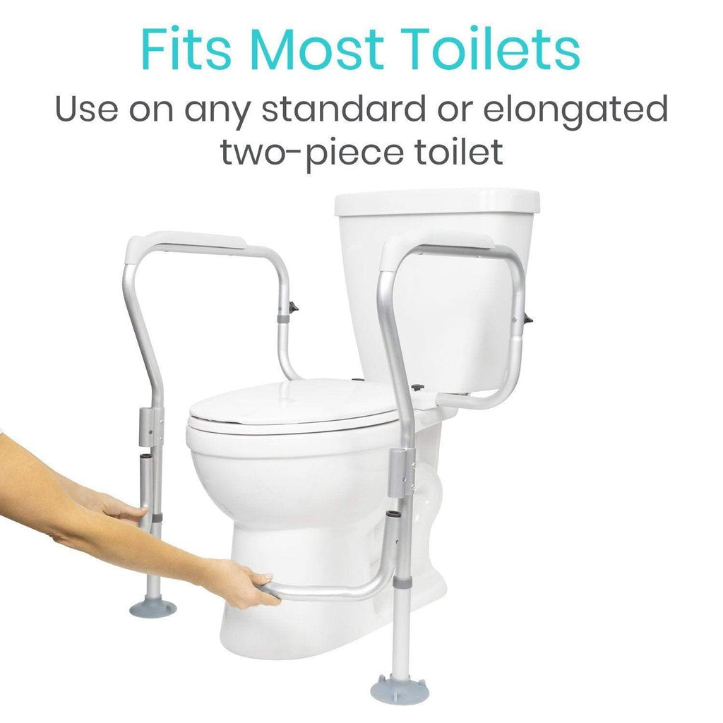 Toilet safety rail with text indicating compatibility with most toilets