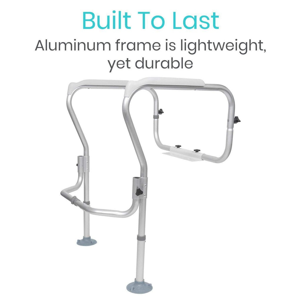 Metal handrail with text highlighting its durability and lightweight design on a white background