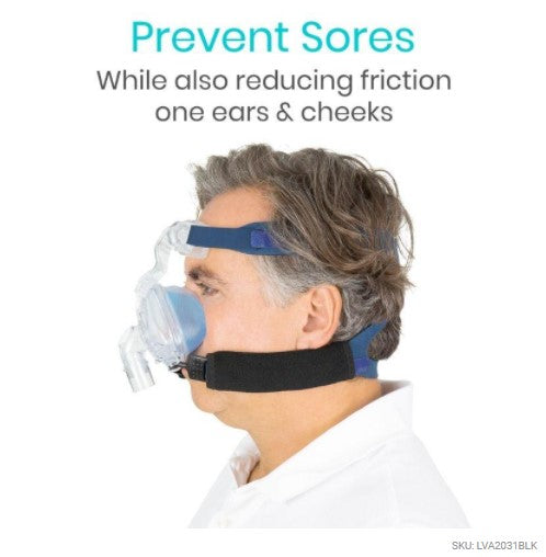 Man wearing a CPAP mask with text about preventing sores and reducing friction.