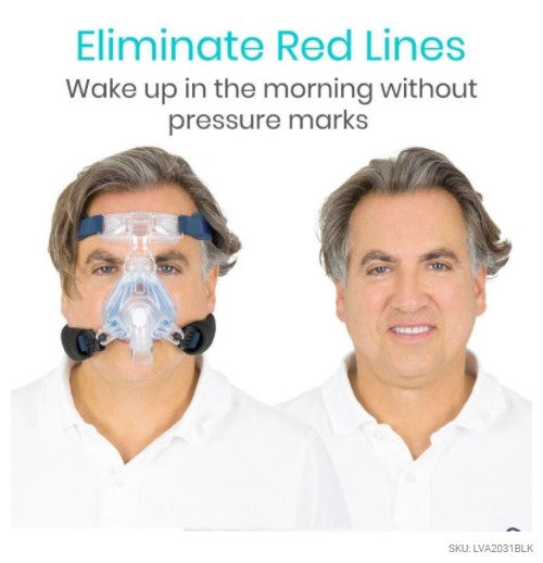 Man wearing a CPAP mask with text about eliminating red lines and pressure marks.