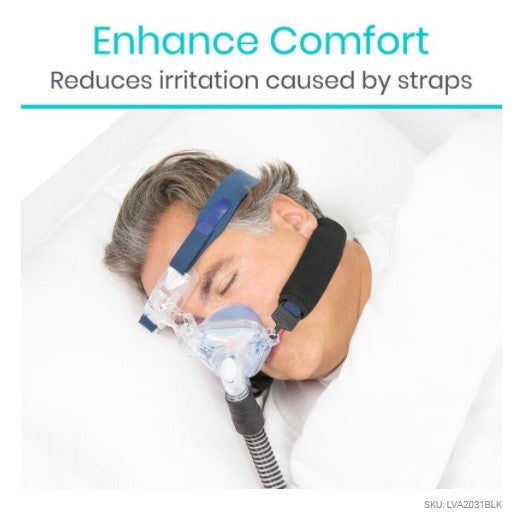Person wearing a CPAP mask with text 'Enhance Comfort Reduces irritation caused by straps' on a white background