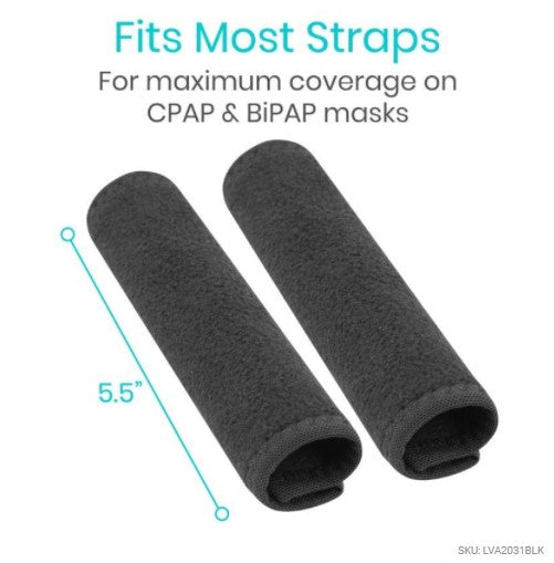 Two black straps with text indicating they fit most straps for CPAP and BiPAP masks.