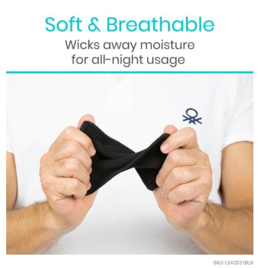 Black fabric being pulled apart with text 'Soft & Breathable' and 'Wicks away moisture for all-night usage'.