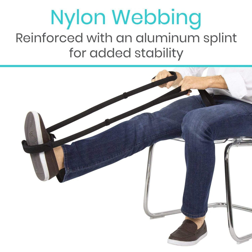 Person using a leg extension machine with text about nylon webbing and aluminum splint.