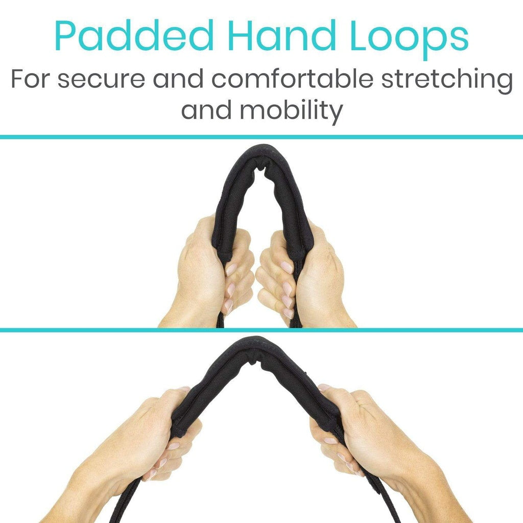 Padded hand loops being held by hands with text about secure and comfortable stretching.