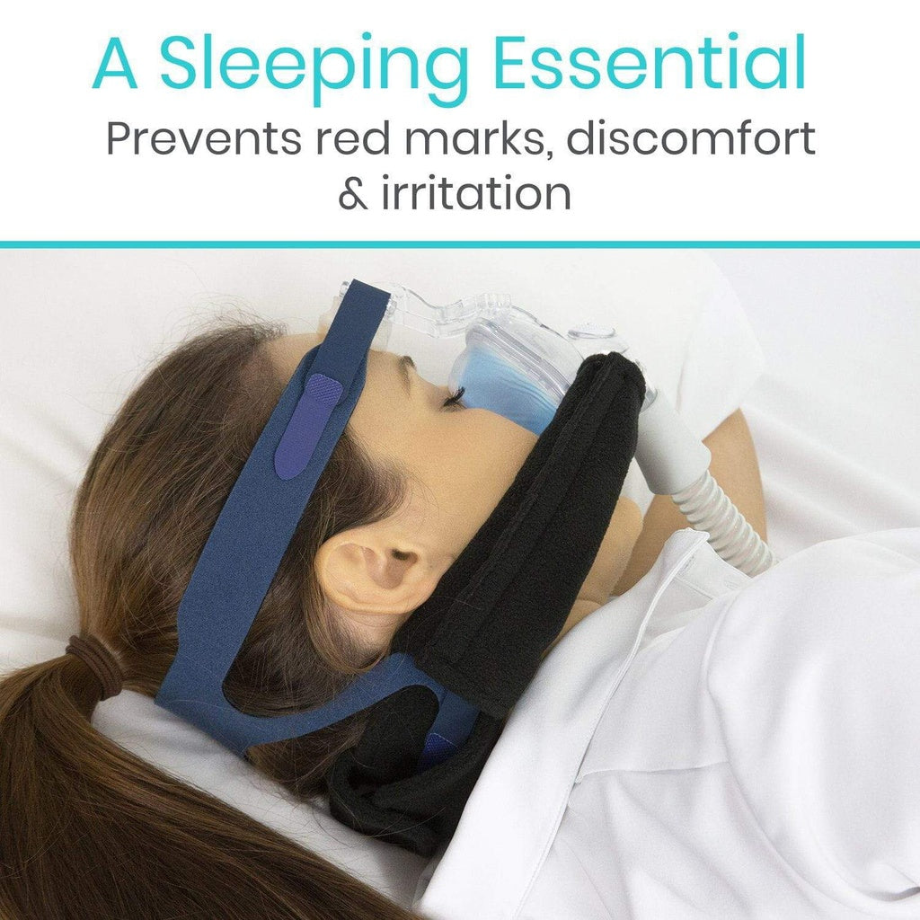Person wearing a sleep mask with text indicating it prevents red marks, discomfort, and irritation.