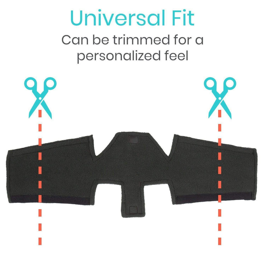 Black fabric strip with scissors and text indicating customizable fit on a white background