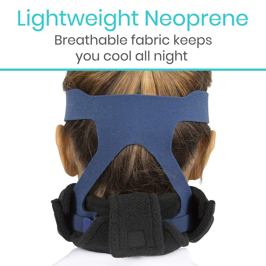 Neoprene headband worn by a person on a white background with text about its benefits.