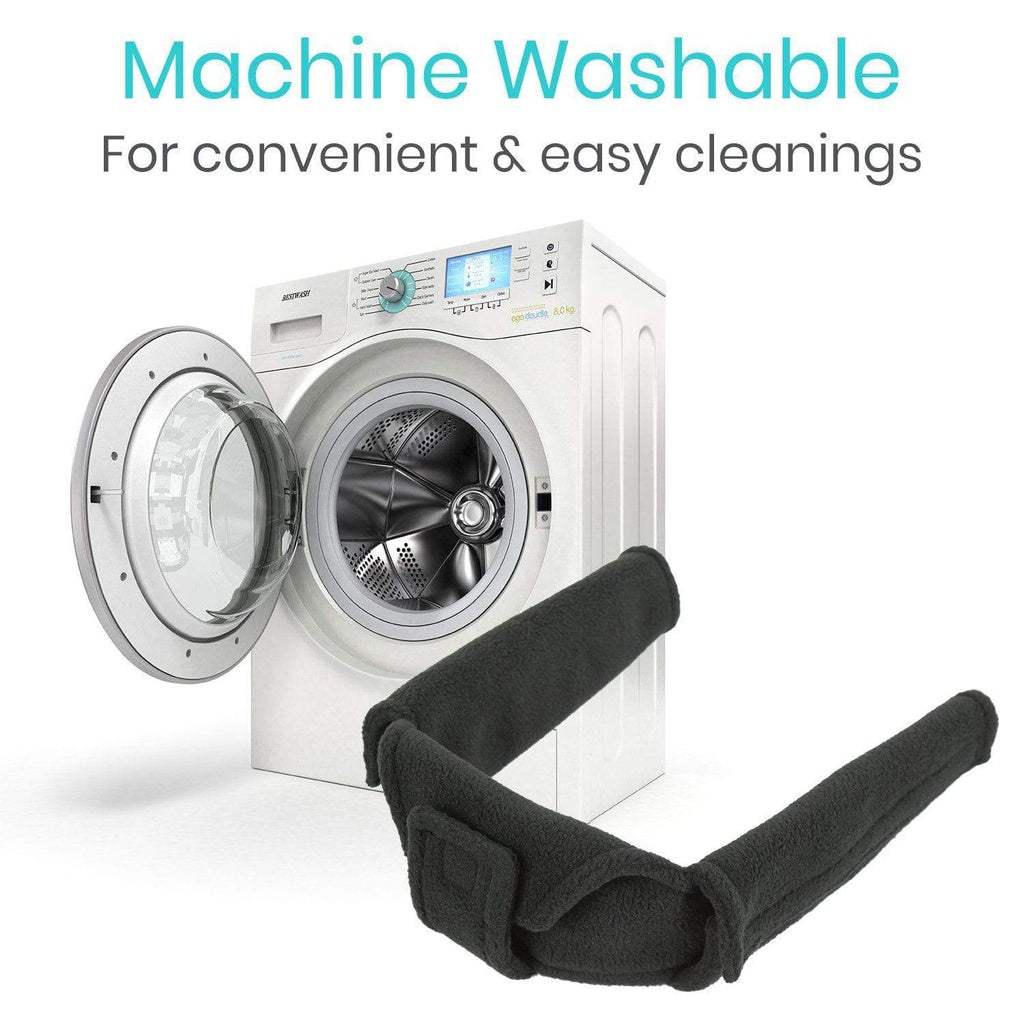 Washing machine with open door and a black item in front, text 'Machine Washable For convenient & easy cleanings'.