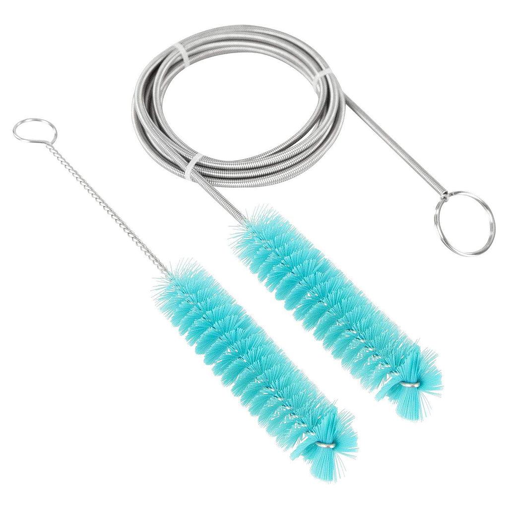 Two turquoise bottle brushes with a coiled metal cable on a white background