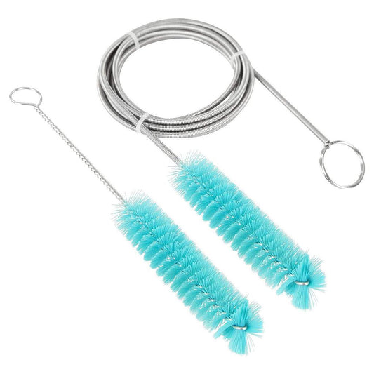 Two turquoise bottle brushes with a coiled metal cable on a white background