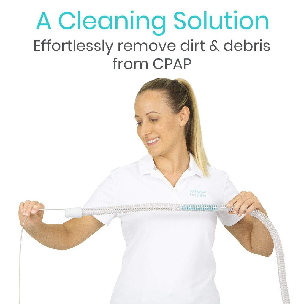 Woman holding a cleaning solution for CPAP equipment with text on a white background