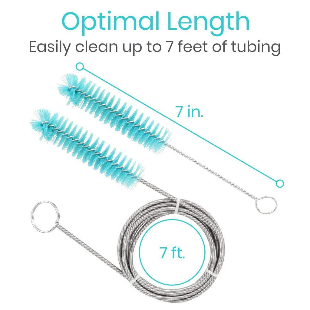 Tube cleaning brush with 7 feet of tubing and measurement details on a white background