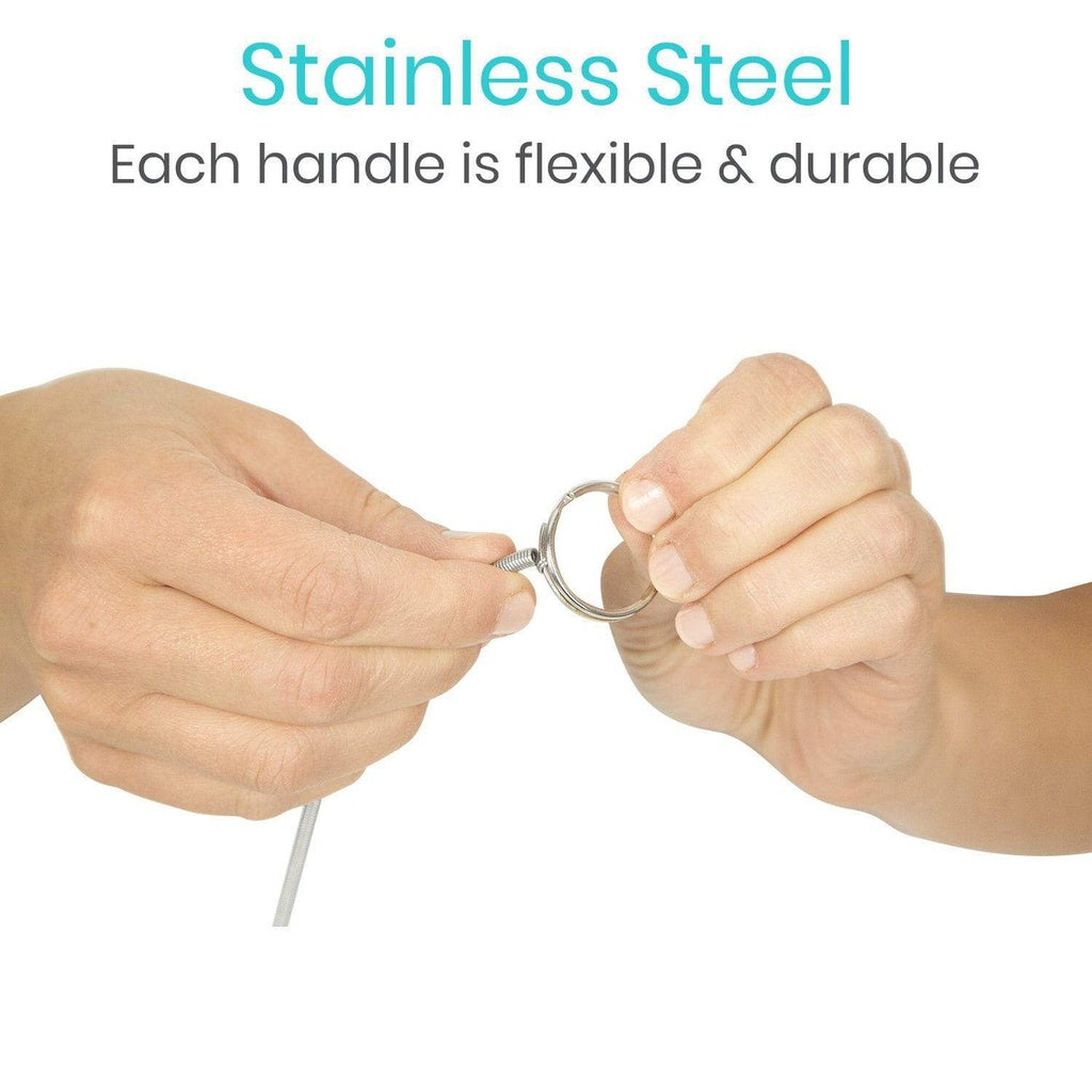 Hands holding a flexible stainless steel tool with text highlighting its properties.