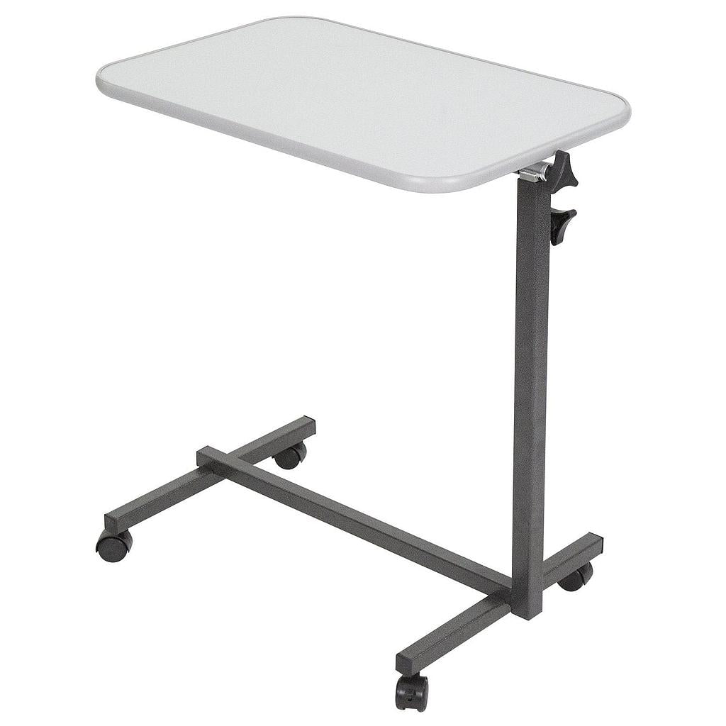 Adjustable height table with wheels on a white background