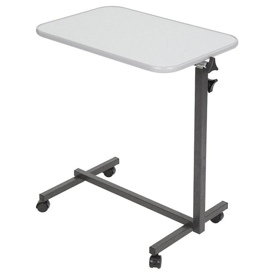 Adjustable height table with wheels on a white background