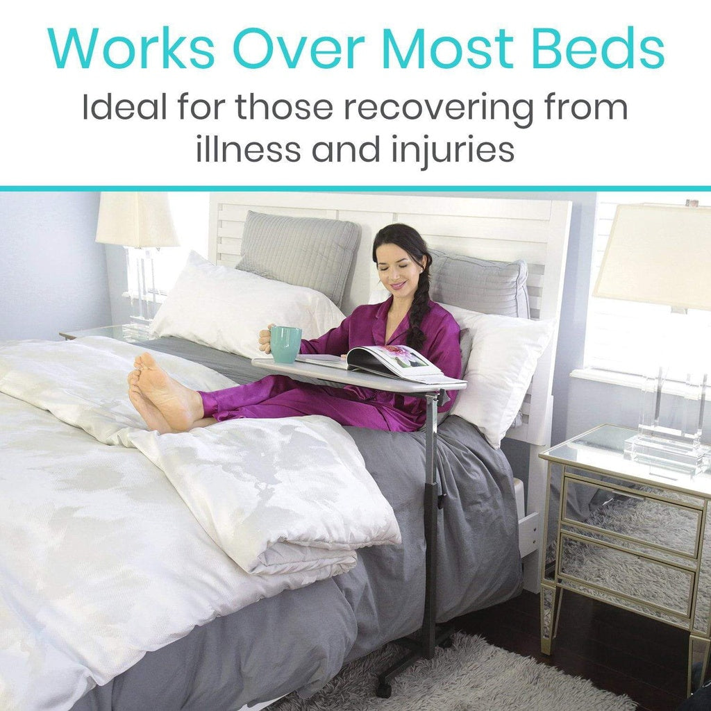 Woman in bed using a adjustable tray to read a magazine, with text indicating it's ideal for those recovering from illness and injuries.