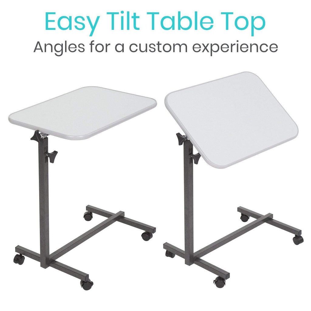 Two adjustable tables with a white tilt table top on a white background.