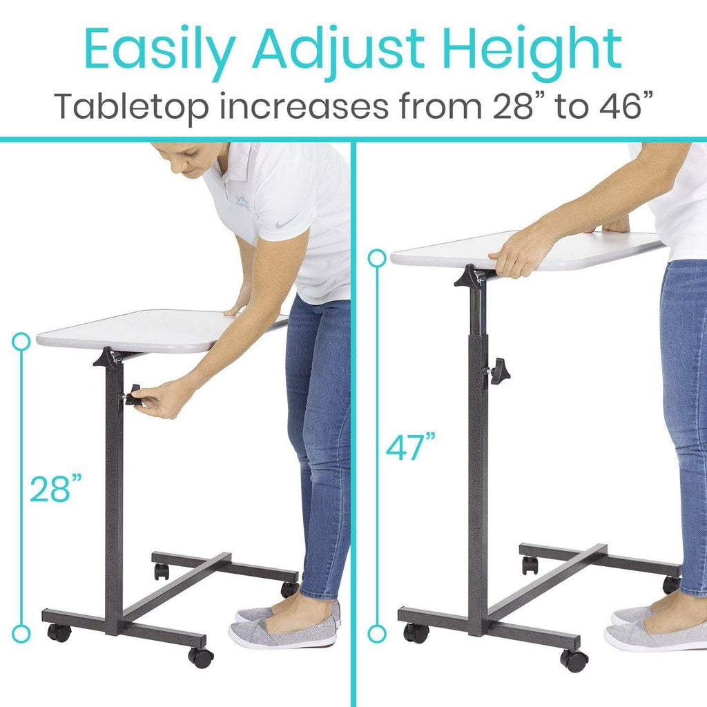 Adjustable height table with a person demonstrating the height increase from 28" to 46".