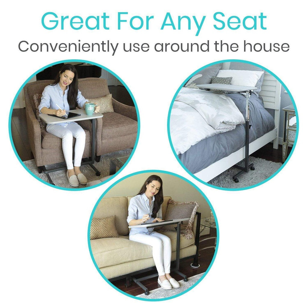 Portable desk in use on various seating options with text 'Great For Any Seat, Conveniently use around the house'.