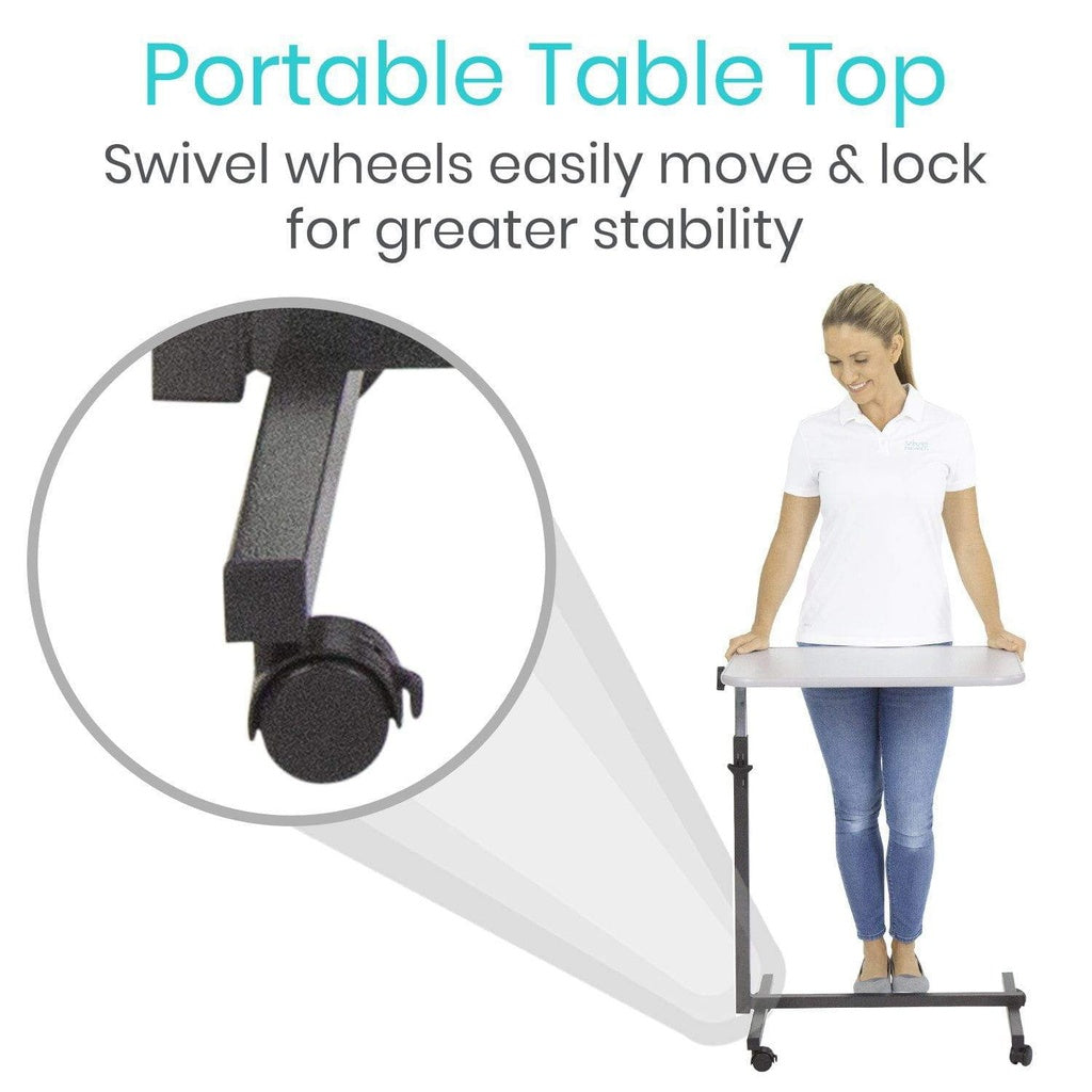 Portable table top with swivel wheels and a woman using it, highlighting stability feature.