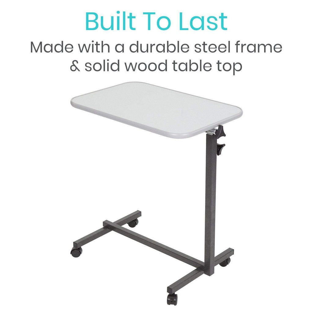 Adjustable table with text about durable steel frame and solid wood top on a white background