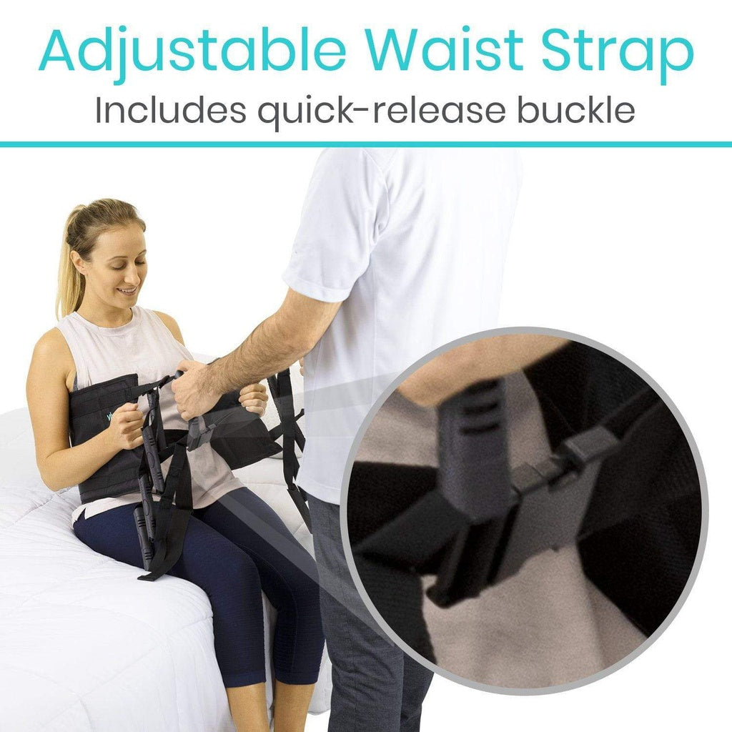 Adjustable waist strap with quick-release buckle being used by a person helping another person.