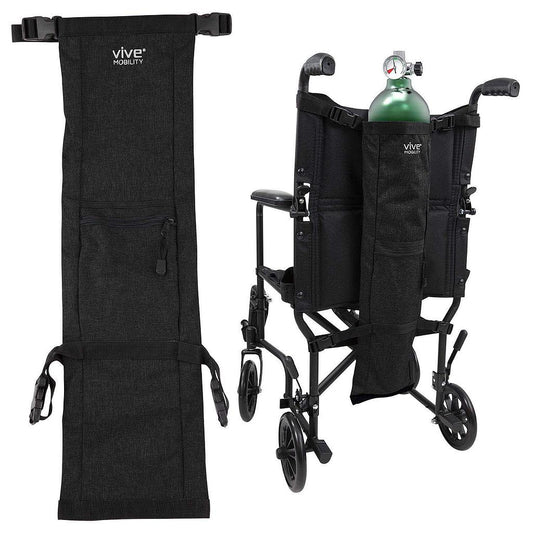 Black mobility scooter with oxygen tank holder and Vive Mobility branding on a white background