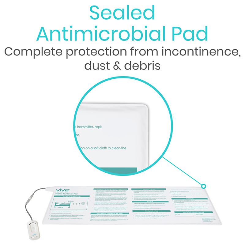Antimicrobial pad with text highlighting its benefits on a white background