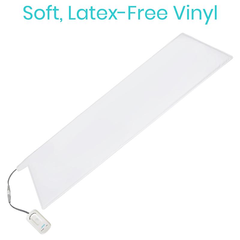 White heating pad with power cord on a white background, labeled 'Soft, Latex-Free Vinyl'.