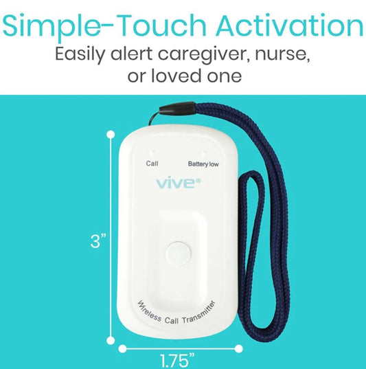 White call transmitter with blue strap on a teal background, featuring the brand 'vive'.