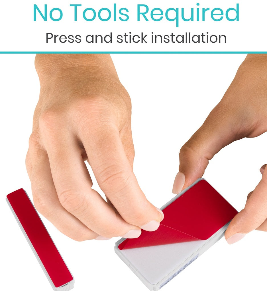 Hands applying a red adhesive strip to a surface with text 'No Tools Required' and 'Press and stick installation'.