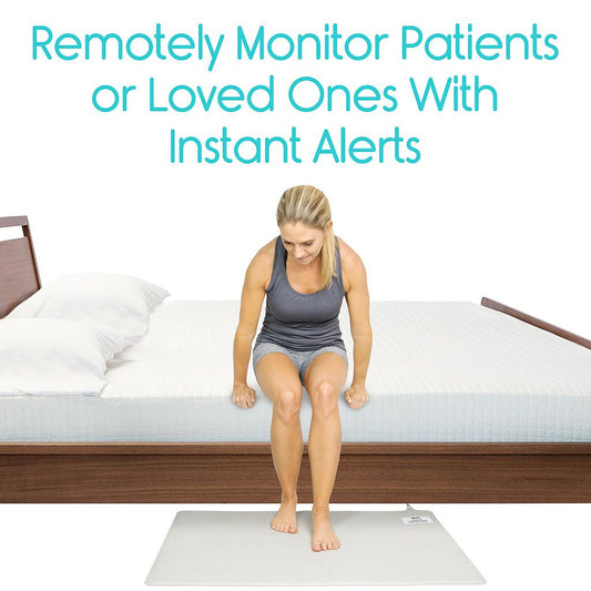 Woman using a mat on a bed with text about remote patient monitoring.