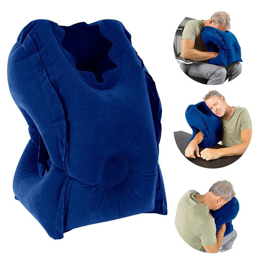Blue travel pillow with usage scenarios on a white background