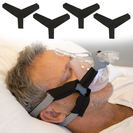 Person using a CPAP mask with straps and multiple straps displayed above.