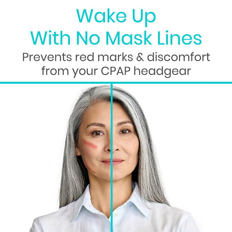 Advertisement for a product to prevent red marks and discomfort from CPAP headgear, featuring a woman with gray hair.