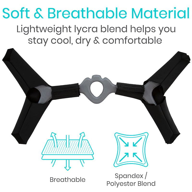 Black and gray fabric sample with text about soft and breathable material, lightweight lycra blend, and features like breathability and spandex/polyester blend.