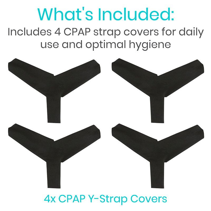 Four black CPAP Y-strap covers on a white background with text about daily use and hygiene.