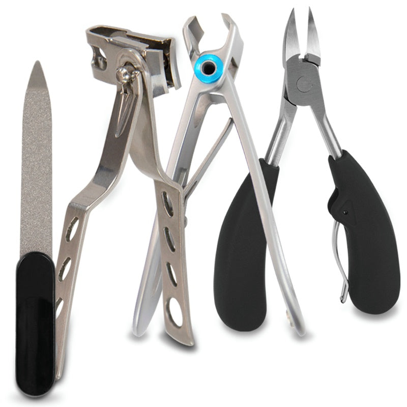 Set of nail care tools including clippers, cuticle nippers, and a file on a white background