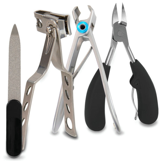 Set of nail care tools including clippers, cuticle nippers, and a file on a white background