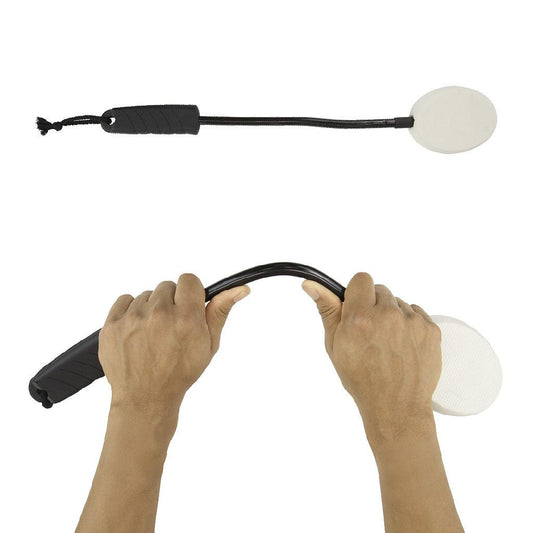 Handheld exercise device with handles and a ball on a white background