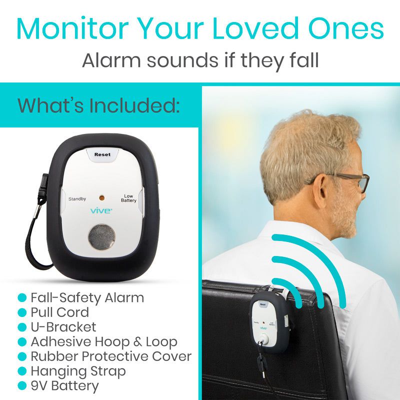 Fall safety alarm system with a man wearing it, featuring text 'Monitor Your Loved Ones' and 'Alarm sounds if they fall'.
