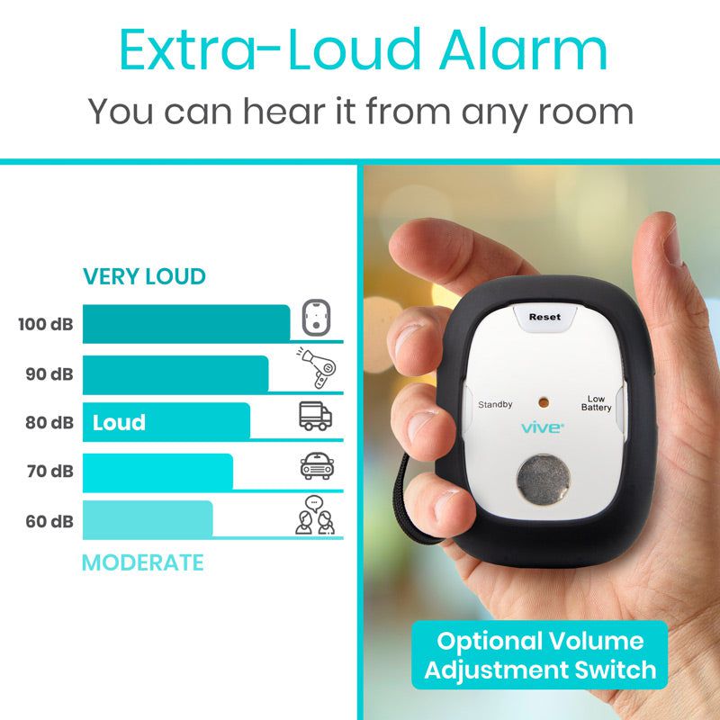 Extra-Loud Alarm with volume level indicator and hand holding the device.